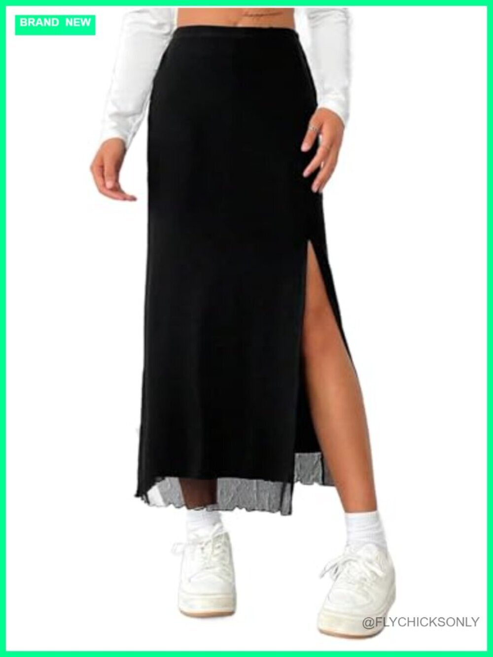 High Waisted Mesh Split Maxi Skirt with Slit